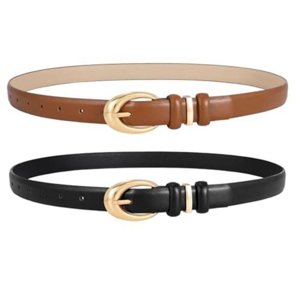 Women Leather Belt Gold Silver Buckle Black Brown Jeans Dress 2 Pack